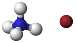 ball-and-stick model of an ammonium cation (left) and a bromide anion (right)