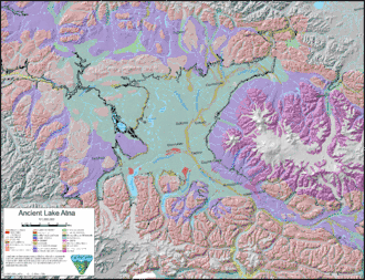Map showing one of the possible extents (pale green) of ancient Lake Atna