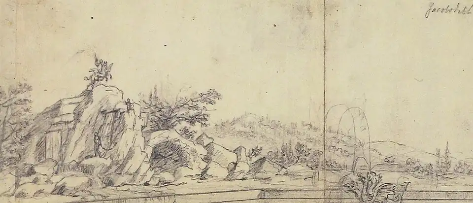 Drawing of Andromeda Cliff (Swedish: Andromedaklippan) in Ulriksdal Palace park (c. 1664) for Erik Dahlberg's Suecia Antiqua et Hodierna