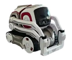 A small, white and gray robot with red highlights and a square black face