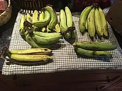 Bunches of Gros Michel bananas on a table
