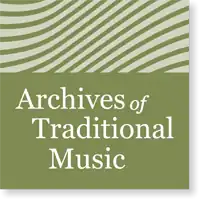 olive green square; the top half is alternating diagonal darker and light olive green wavy lines, the lower half contains the words Archives of Traditional Music written in light olive against a darker olive background
