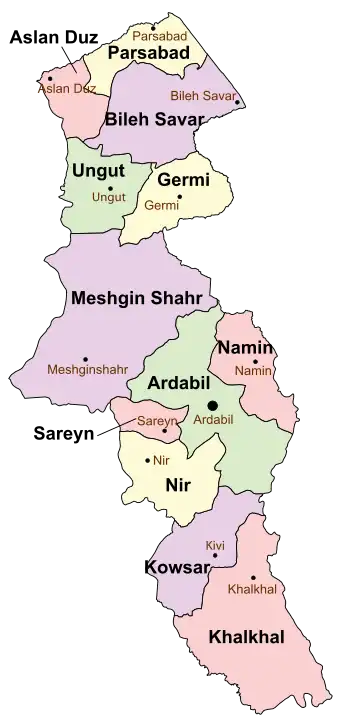 Location of Kowsar County in&nbsp;Ardabil&nbsp;province (bottom, purple)