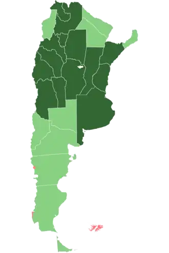 In dark green: provinces; in light green: national territories; in red: disputed territories.
