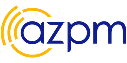 The lowercase letters a z p m in blue. The a is single-story and has a yellow ring around it, part of which is a segment with three ring segments suggesting a signal.