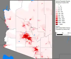 Population density map of Arizona, 2020