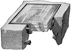 A shallow square of glass, surrounded by a metal rim, set in rebar-reinforced concrete. Cutaway view.