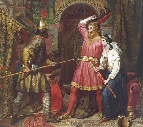 A painting with two men and a woman, in which one man pointing a spear against the other one who is holding a stooge, with the women is holding a sword