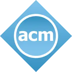 "acm" in blue circle with gray rim, surrounded by blue diamond