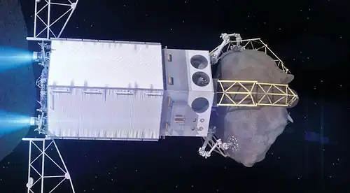 Rendering of the Asteroid Redirect Vehicle departing the asteroid after capturing a boulder from its surface.