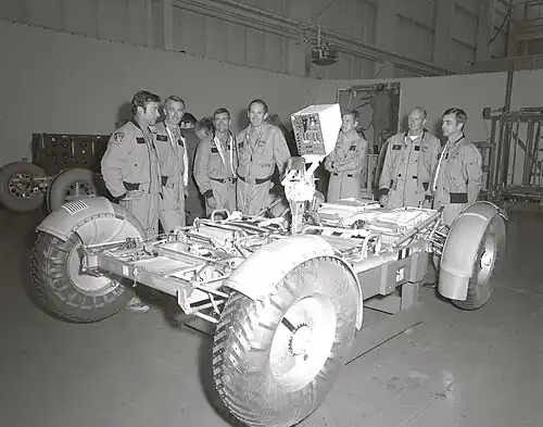 (from left to right) Astronauts John Young, Eugene Cernan, Fred Haise, Charles Duke, Anthony England, Charles Fullerton, and Donald Peterson await deployment tests of the Lunar Roving Vehicle (LRV) qualification test unit in building 4649 at the Marshall Space Flight Center (MSFC). November 1971.