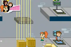 A horizontal video game screenshot that is a digital representation of an grey room with platforms. A red-haired girl with a long pony tail faces a platform while a brown-haired boy stands on a large trigger panel.