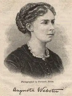 Illustration based on photograph of Augusta Webster in black dress, with artist credits and Webster's signature underneath