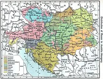 1911 map of Austro-Hungary showing ethnic Ruthenians in light-green in eastern Galicia