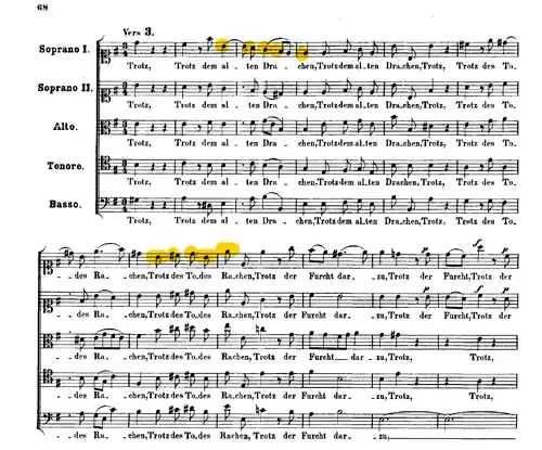 Sheet music of the five-part beginning of the fifth movement, highlighting elements from the chorale tune
