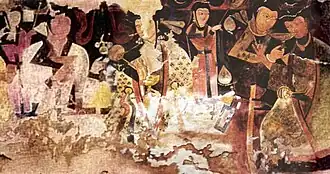 The banquet scenes in the murals of Balalyk Tepe show the life of the Hephthalite ruling class of Tokharistan.[110][104][105][101]