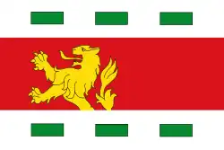 A flag divided in three horizontal bands. The red center band is wider and contains the top half of a gold lion rampant on the left. The top and bottom white bands contain three equally spaced green rectangles each.