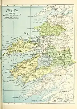 Barony map of County Kerry, 1900; Magunihy barony is in the east, coloured green.