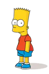 A cartoon image of a yellow boy with yellow, spiky hair, wearing a red T-shirt, blue shorts, and blue shoes.