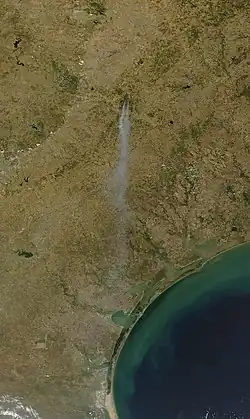 Satellite image of the smoke plume emanating from the fire