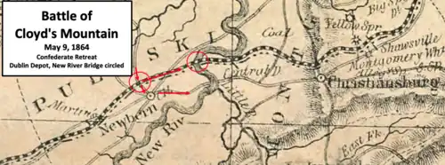 An old map showing the route of the Confederate retreat with Dublin Depot and the New River railroad bridge circled red