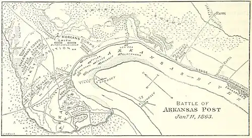 Map of the battle. North is pointed towards the upper left corner. The fort is on the northwest side of the bend in the Arkansas River, with a line of entrenchments leading west towards a bayou. Union lines are generally north of the Confederate positions in the fort and entrenchments