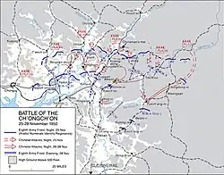 A map showing a front line with the UN labeled in blue and the Chinese in red. Multiple red arrows crossed over the front line on the map's right side