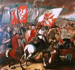 Augustus the Strong leading his heavily armoured Polish hussars to victory at the battle of Kalisz in 1706
