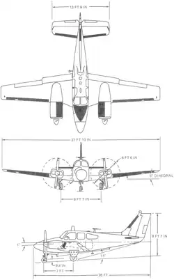 3-view line drawing of the Beechcraft T-42A Cochise