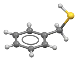 Ball-and-stick model of the benzyl mercaptan molecule