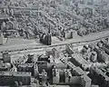 Aerial view of Bernauer Straße showing the Wall and the "Death strip" behind the Wall inside East Berlin. Just inside East Berlin is the Versöhnungskirche or Church of Reconciliation which was later demolished.