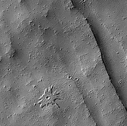 Biblis Patera pedestal crater, as seen by HiRISE.
