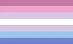 Bigender pride flag, made up of horizontal stripes of, from top to bottom, pink, light pink, lavender, white, light blue, and blue.