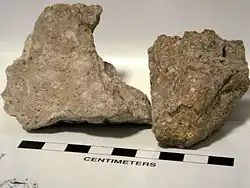 Rocks from the Bishop Tuff, uncompressed with pumice on left; compressed with fiamme on right