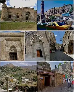 From top left: Ihasiye Serafhan Medrese&nbsp;• Bitlis Castle Tourist office&nbsp;• Şerefiye Mosque&nbsp;• Sokak Han Bitlis skyline&nbsp;• Pasha Hammam