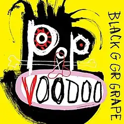 The black outline of a head against a yellow background. The word "pop" resembles eyes and a nose, while a mouth is made with the word "Voodoo" resembling teeth.