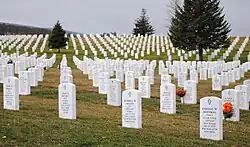 Several rows of uniform military headstones fill the image, stretching into the horizon line, interrupted by a few conifer trees. A few of the graves have floral bouquets laid against them. The Black Hills are just visible in the distance.