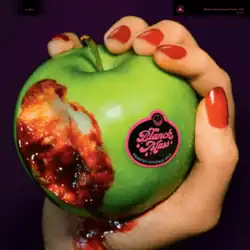 An image of a hand with red fingernails holding a green apple. The apple has multiple bites taken out of it, and there is a significant amount of blood oozing from the bite spots.