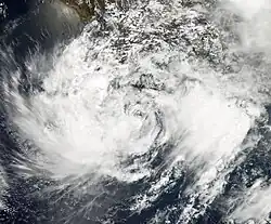 A satellite image of a tropical storm