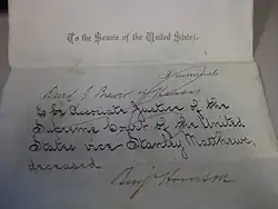 Piece of paper reading "To the Senate of the United States: I nominate David J. Brewer of Kansas to be Associate Justice of the Supreme Court of the United States, vice Stanley Matthews, deceased." and signed by Benjamin Harrison