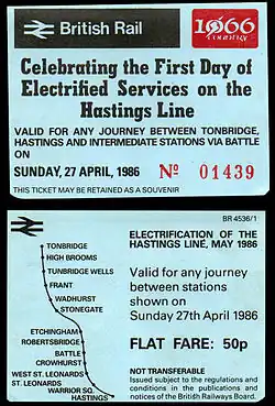 Photograph showing both sides of the souvenir ticket from the first day of electric train operation, 27&nbsp;April 1986.