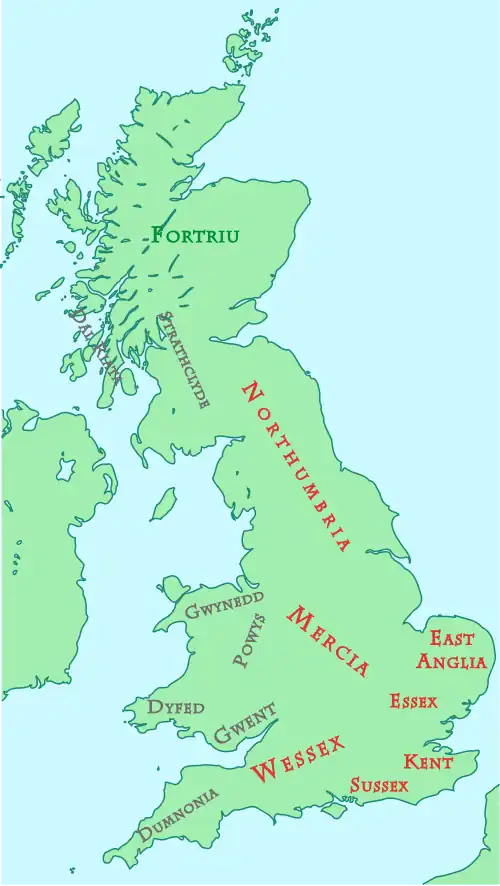 Map of Britain around 800 AD showing the Kingdom of Sussex
