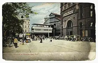 A color view of the bridge entrance on the Manhattan side, circa 1911