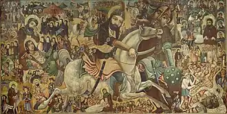 A painting depicting a rider stabbing a foot-soldier; various other scenes in the background