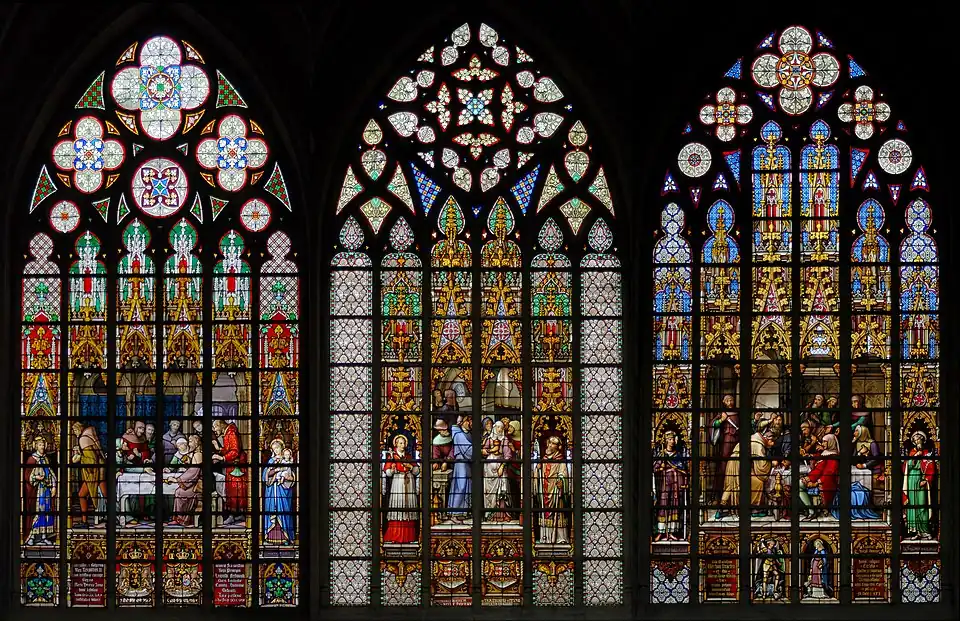 Three scenes of the Legend of the Sacrament of Miracle, Cathedral of St. Michael and St. Gudula, Brussels, Belgium (c. 1870)