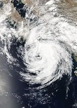 Satellite image of Tropical Storm Bud approaching the Baja California Peninsula on June 14