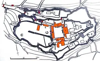 Layout of Shuri Castle in Japan; multiple baileys were built around the main hall