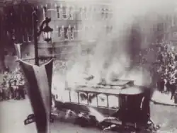 Photograph of a burning trolley car