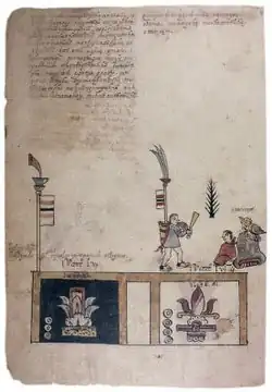 Folio of a handwritten codex. The upper page has manuscript text, the lower a drawing of a man brandishing a club walking towards a seated woman in front of a stylized mountain with a bird on top. Below are two glyphic signs.