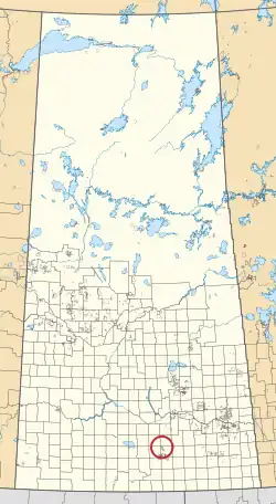 A map of the province of Saskatchewan showing 297 rural municipalities and hundreds of small Indian reserves. One is highlighted with a red circle.